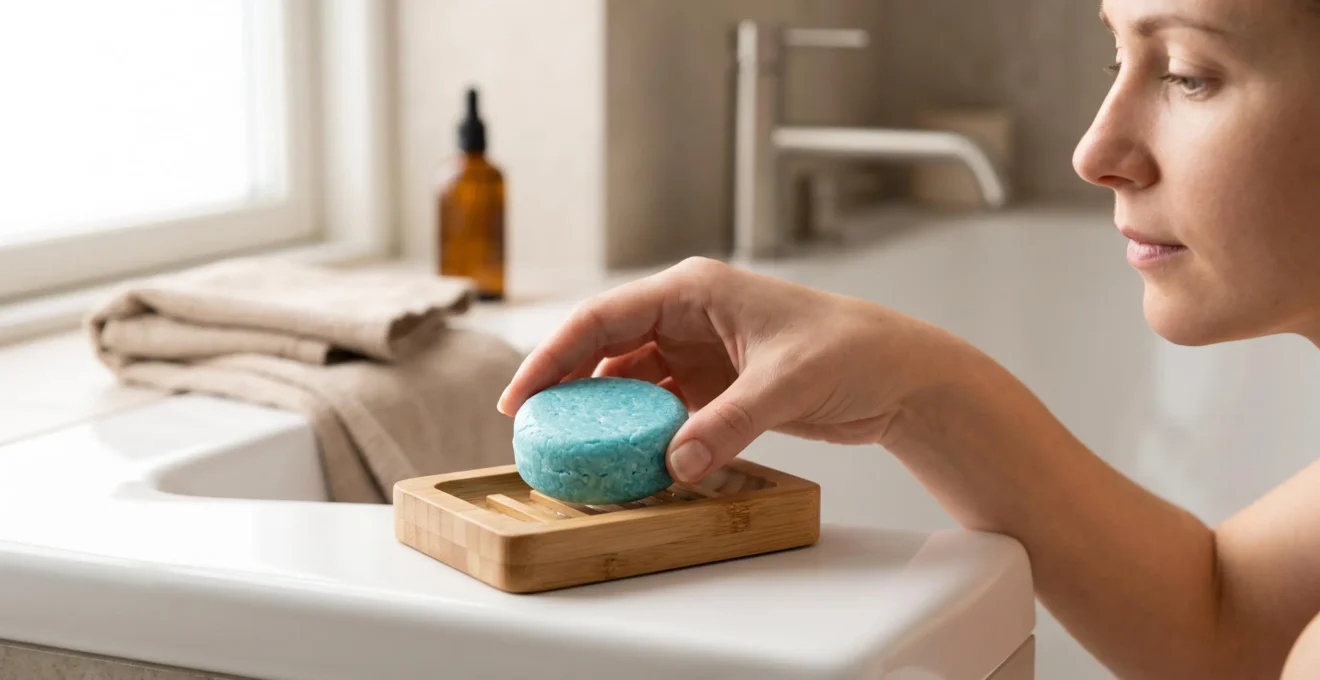 Main féminine déposant un shampooing solide artisanal bleu-turquoise sur un porte-savon en bambou à picots drainants, posé sur le rebord d'une baignoire blanche dans une salle de bain contemporaine lumineuse avec serviette en lin beige en arrière-plan.