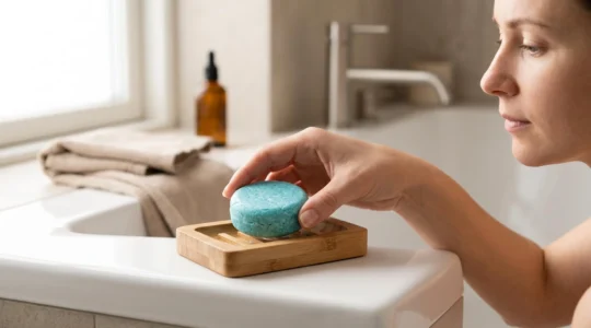 Main féminine déposant un shampooing solide artisanal bleu-turquoise sur un porte-savon en bambou à picots drainants, posé sur le rebord d'une baignoire blanche dans une salle de bain contemporaine lumineuse avec serviette en lin beige en arrière-plan.