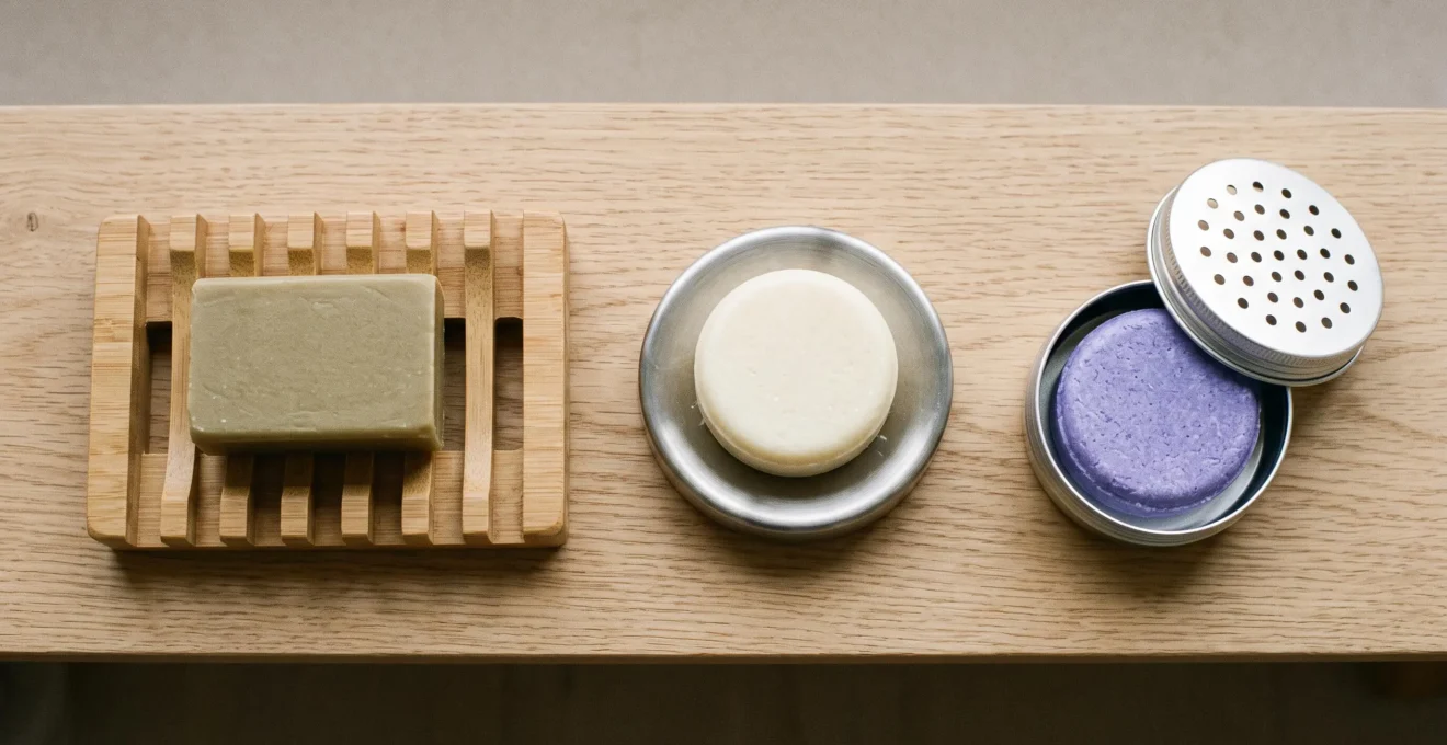 Trois accessoires de conservation pour shampooing solide alignés sur un plan de travail en bois clair : porte-savon en bambou à picots avec shampooing vert, porte-savon aimanté en inox avec shampooing blanc, et boîte de transport métallique perforée ouverte contenant un shampooing lavande.